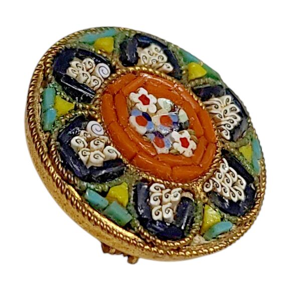 Vintage Antique Micro Mosaic Glass Italy Flower Floral Pin Brooch Roped 1" - Picture 2 of 5